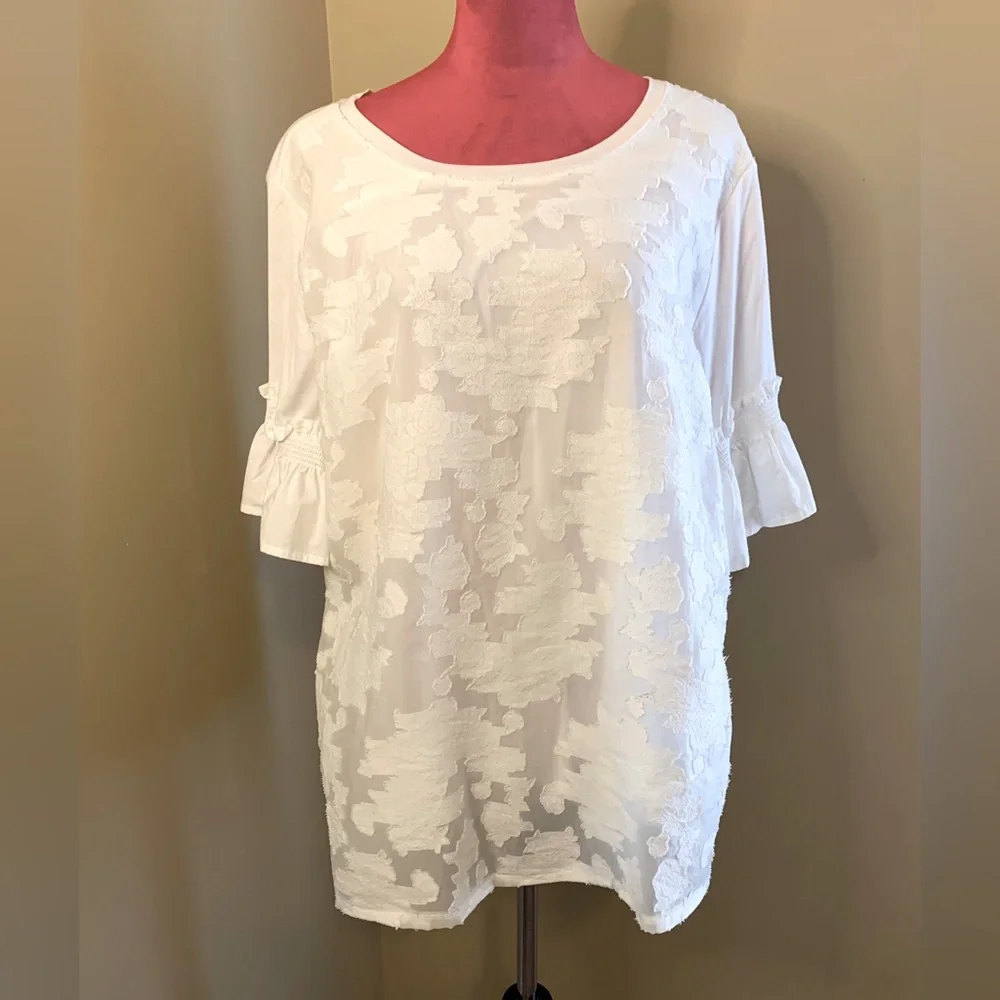 PLUS WHITE LACE RUFFLE SLEEVE BLOUSE - Picture 1 of 7